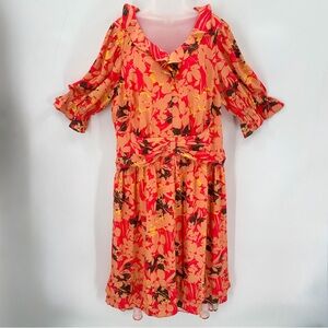 ESHAKTI Dress 3X Orange Floral Print Ruffle Crepe Pleat Waist Womens Plus